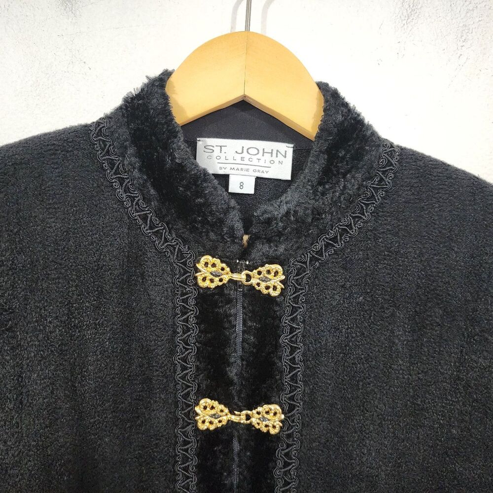 Vtg St John Marie Gray Chenille Boucle Cardigan Sweater Black Gold Zipper Knit 8 - Picture 5 of 11